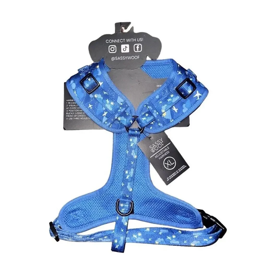 Sassy Woof Adjustable Comfort Dog Harness Blue Airplane Travel Size‎ XL